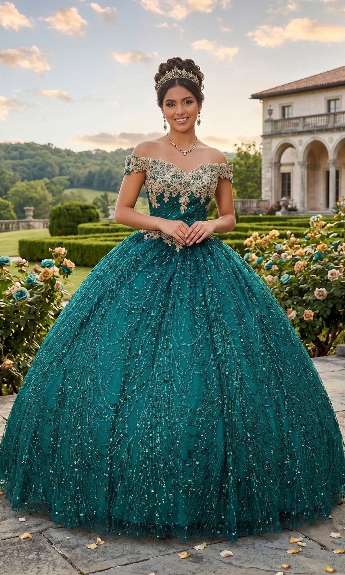 A woman in the Quinceanera Dress CHF3011 by Chicas, a striking green off-the-shoulder ball gown featuring an elegant corset back, stands smiling in a garden with the grandeur of a historic building behind her.